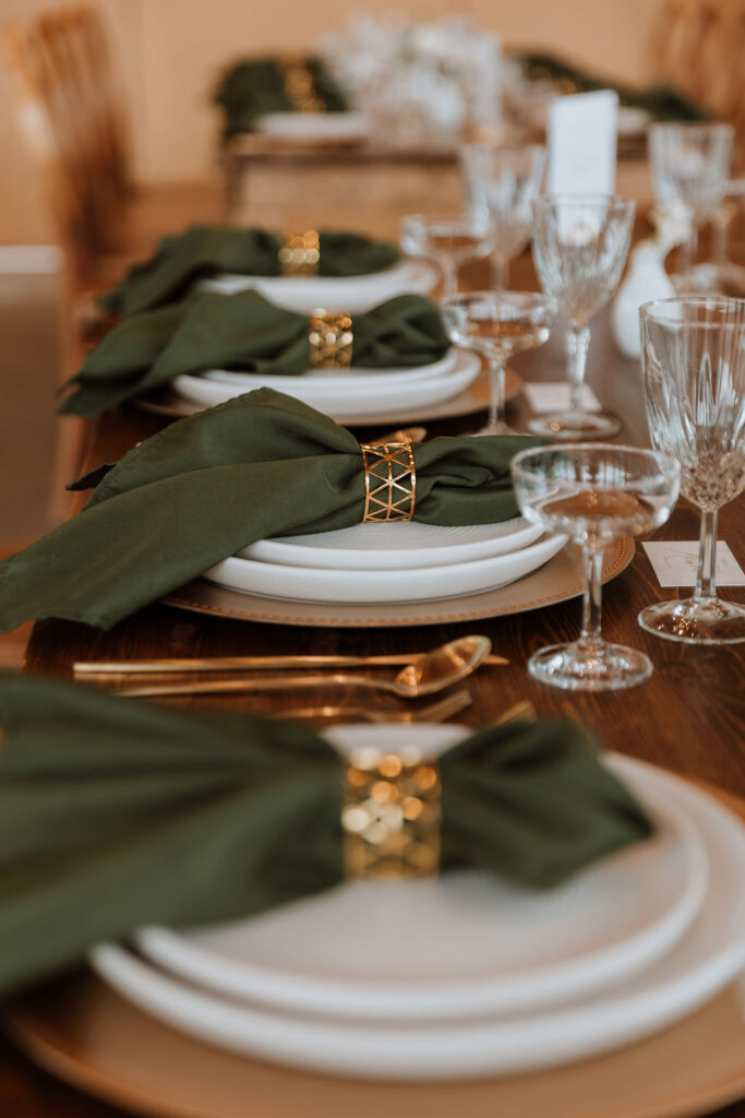 gold and green linens at wedding reception 