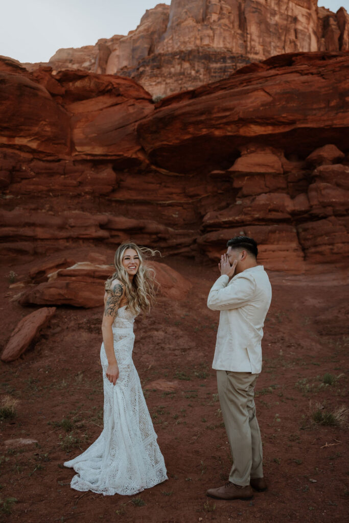 couple does first look at Moab desert elopement