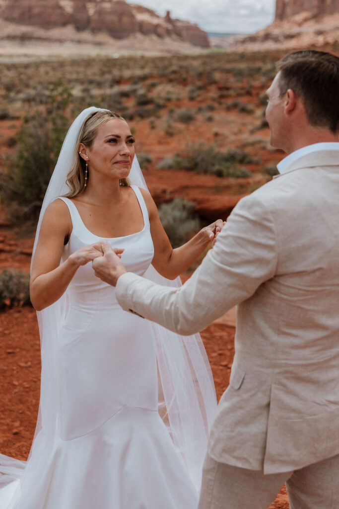 couple cries during first look at Moab elopement