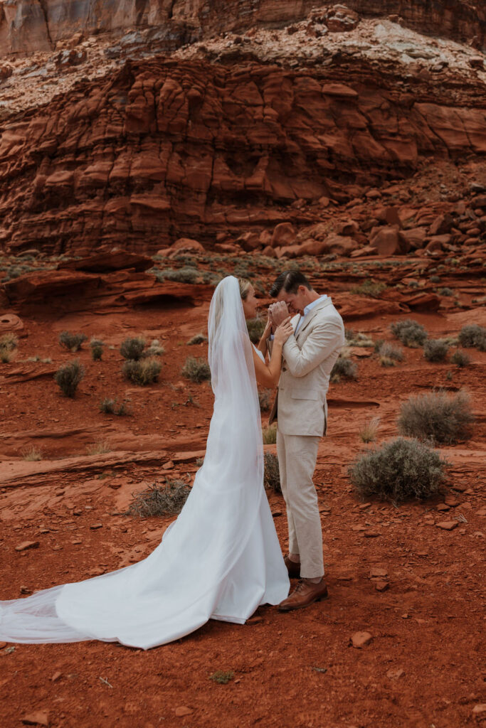 couple cries during first look at Moab elopement