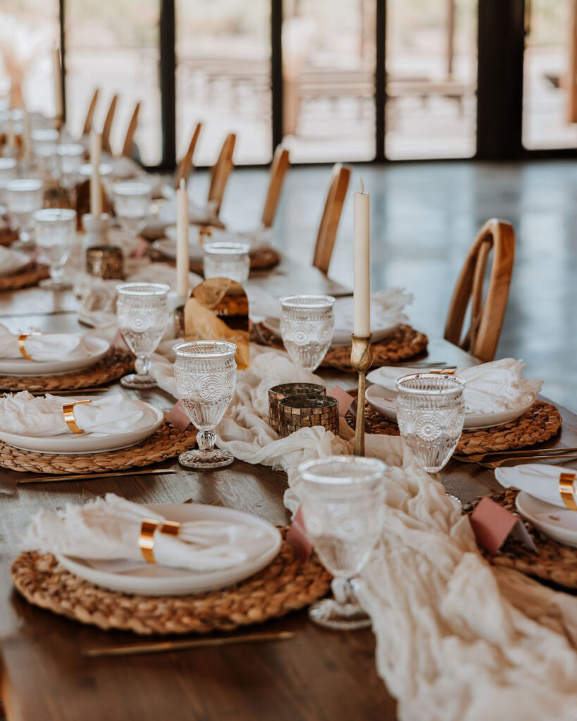 gold and cream boho wedding decor at Red Earth Venue wedding