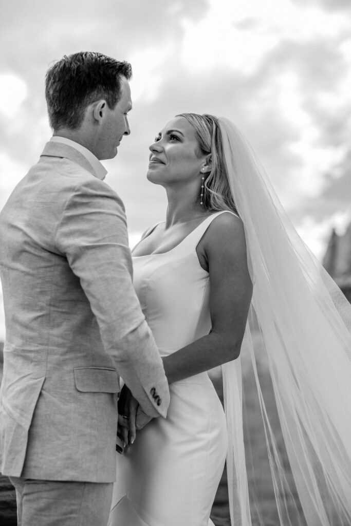 couple embraces at outdoor elopement