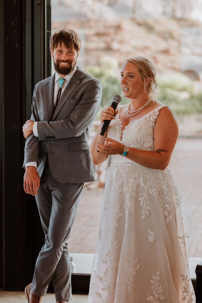 couple gives speeches at the Red Earth Venue wedding