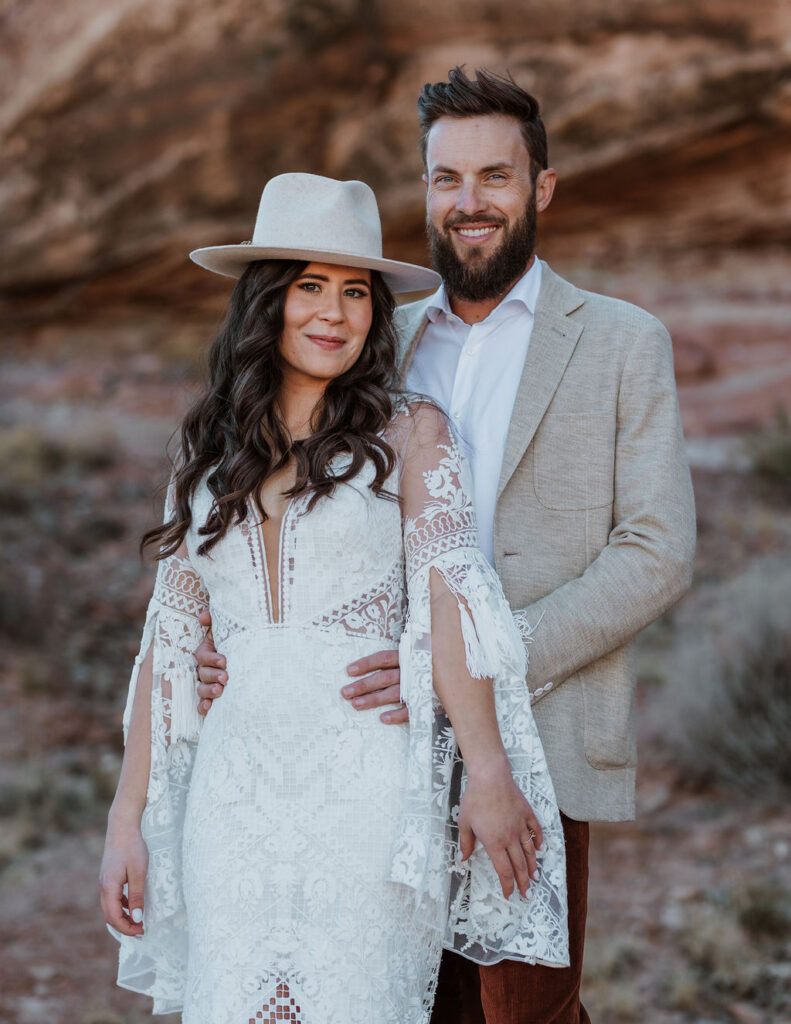 couple embraces at Canyonlands elopement