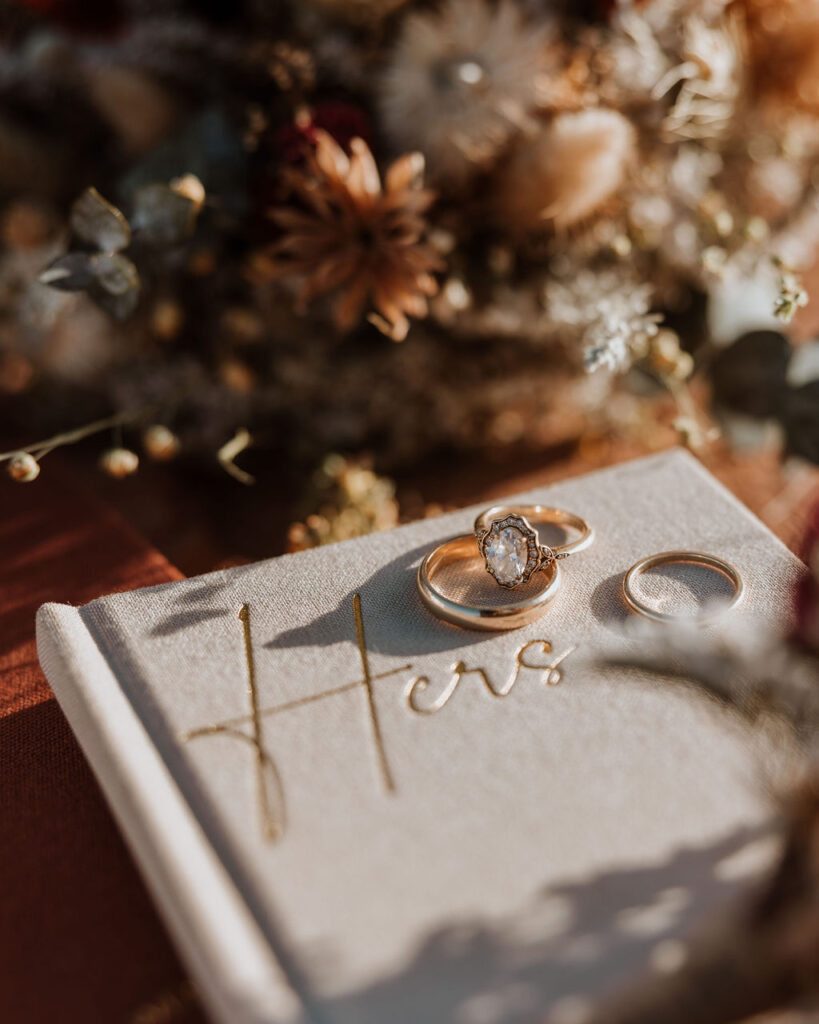 wedding details and vow books flat lay