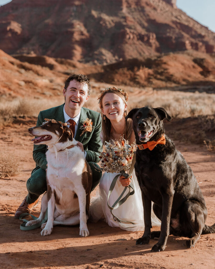 pet dogs join couple during Moab desert wedding