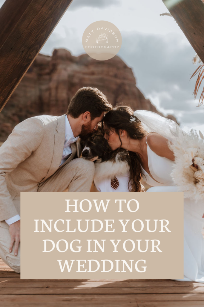 Wedding couple kisses their dog at elopement