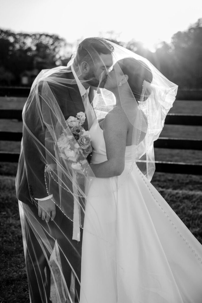 couple kisses under wedding veil
