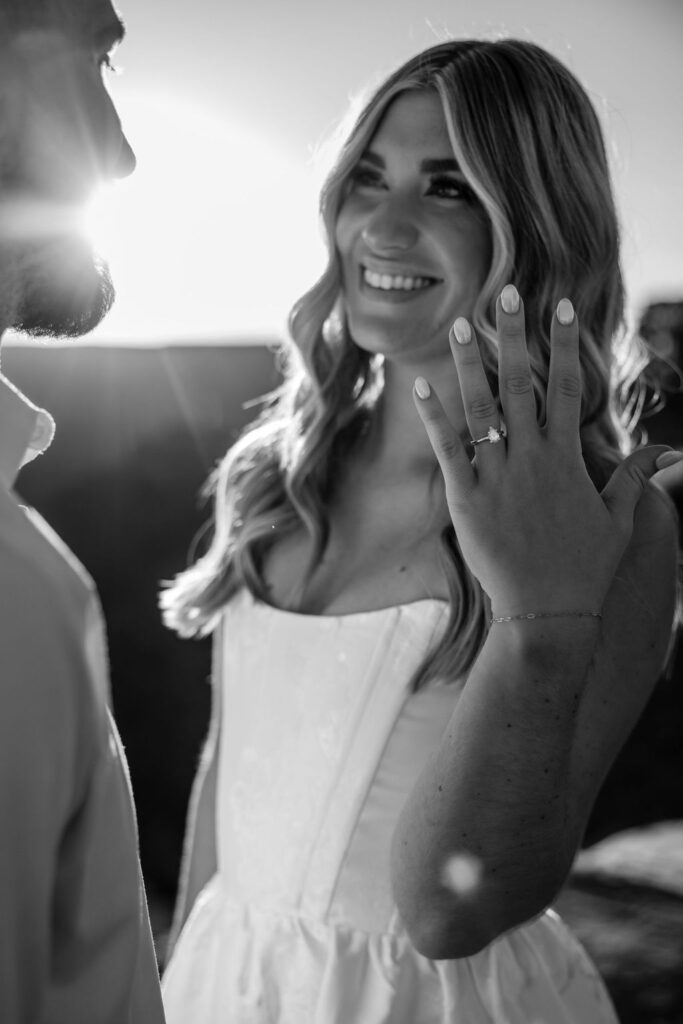 woman showing off engagement ring at Dead Horse Point Moab engagement