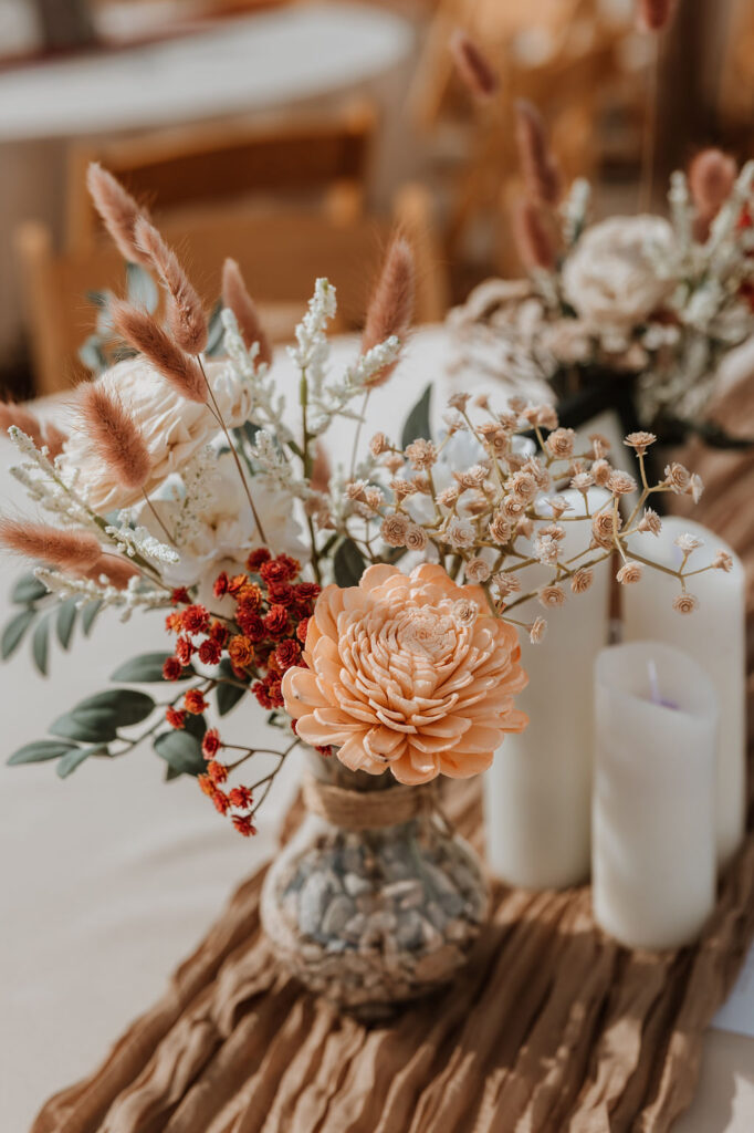 boho flower arrangement for under canvas moab wedding