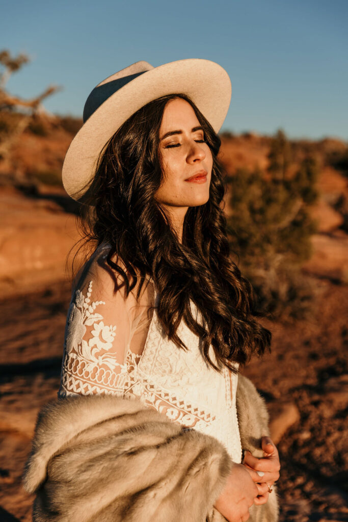 bridal portrait with sun hitting her face