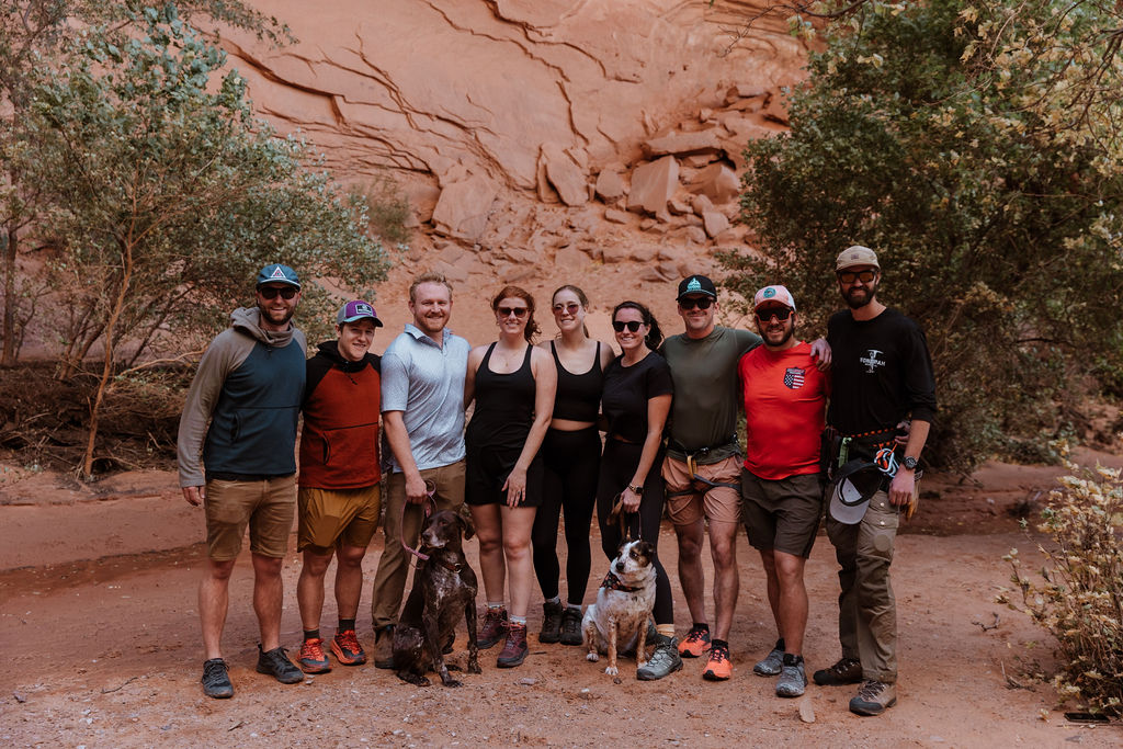 group of friends pose together for photo 