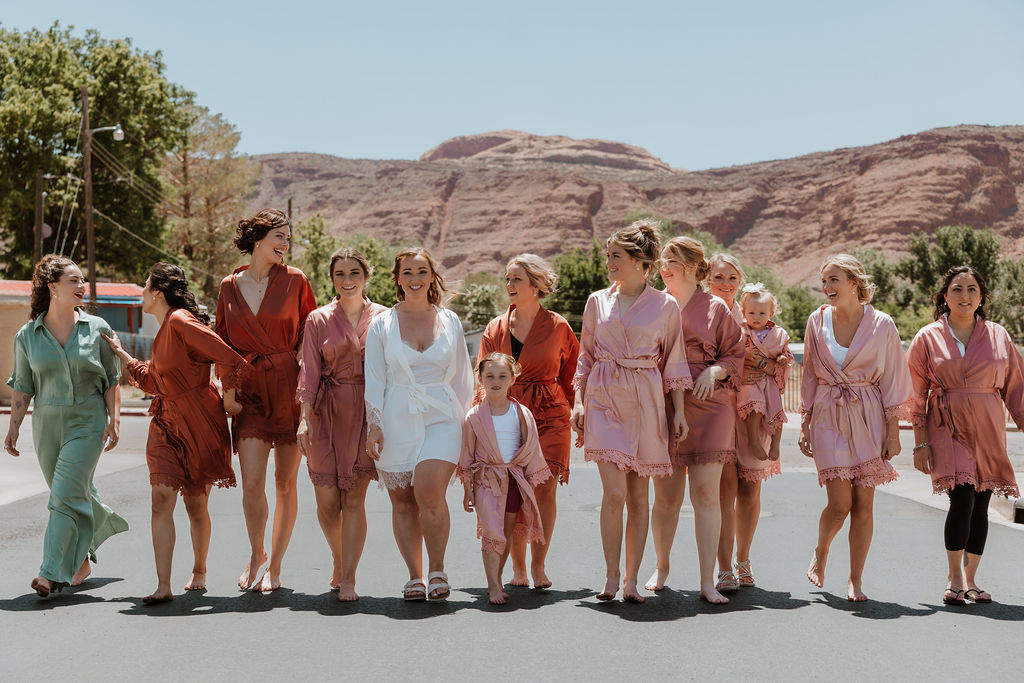 bridal party dressed in their getting ready outfits