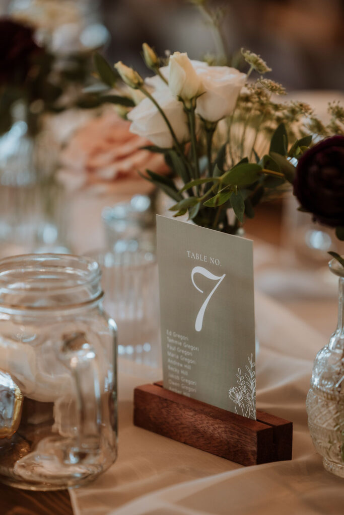 table decor including table sign and florals