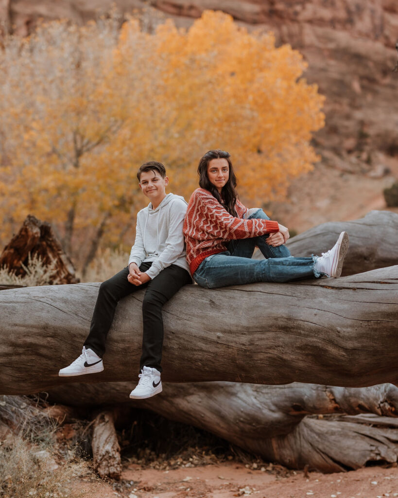 siblings pose while sitting on large fallen tree trunk
